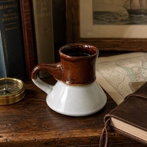 Small Vintage Captain's Mug Brown White Stoneware Coffee Maritime Cabin Decor